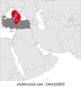 Turkish Republic Location Map on map Asia. 3d Turkey flag map marker location pin. High quality map of Turkey.  Vector illustration EPS10.