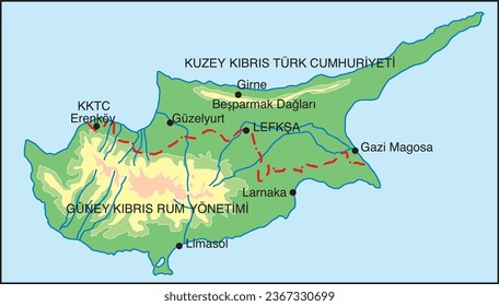 República Turca de Chipre Septentrional, Administración grecochipriota de Chipre Meridional, Nicosia, Kyrenia, Guzelyurt, Larnaca, TRNC, Erenköy, Turquía, Mapa, Accidentes geográficos