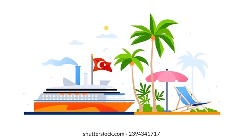 Turkish resort and vacation - modern colored vector illustration with cruise ship with national red flag sailing up to the island with palm tree, sun lounger and pink umbrella. Summer vacation idea