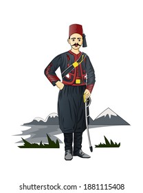 Turkish sailor army uniform. Standing soldier holding a sword. 