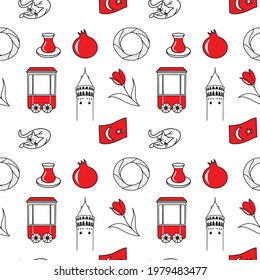 Turkish seamless pattern background in red, black and white: tulip, seagull, Galata tower, sesam ring, cat, flag, tea, all classic turkish icons and symbols