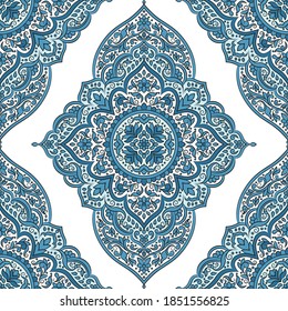 Turkish seamless pattern with blue floral ornament. Traditional Arabic, Indian motifs. Great for fabric and textile, wallpaper, packaging or any desired idea.