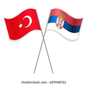 Turkish and Serbian crossed flags. Turkey combined with Serbia isolated on white. Language learning, international business or travel concept.