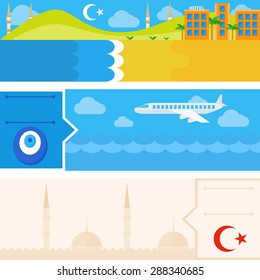 Turkish set of horizontal flat banners with mosque, Turkey seaside and airplane - vector tourism design elements