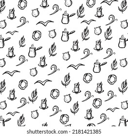Turkish set pattern. Vector illustration. Black elements  turkish tea pomegranate coffee simit seagull leaves, cezve. Istanbul Turkey logo for emblem brochure banner sticker social media travel blog.