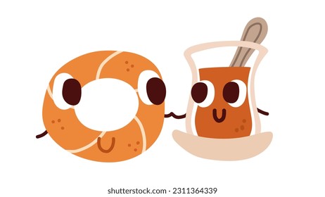 Turkish simit and tea cup characters. Funny vector illustration. 