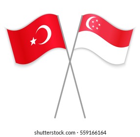 Turkish and Singaporean crossed flags. Turkey combined with Singapore isolated on white. Language learning, international business or travel concept.