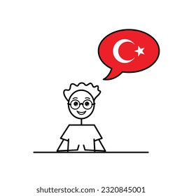 turkish speaking cartoon boy with speech bubble in flag of Turkey colors, male character learning turkish language vector illustration, black line sketch