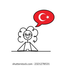 turkish speaking cartoon girl with speech bubble in flag of Turkey colors, female character learning turkish language vector illustration, black line sketch