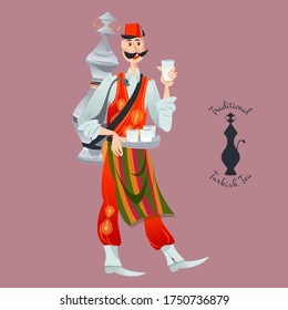 Turkish street seller in folk costume sells traditional drink (hot tea, sherbet, shira grape juice). Vector illustration