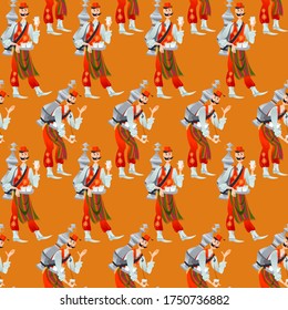 Turkish street seller in folk costume sells traditional drink (hot tea, sherbet, shira grape juice). Seamless background pattern. Vector illustration