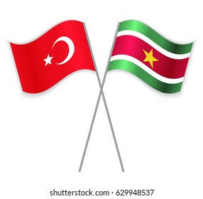Turkish and Surinamese crossed flags. Turkey combined with Suriname isolated on white. Language learning, international business or travel concept.