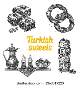 Turkish sweets. Baklava, simits, delight and tray with tea set. Sketch. Engraving style. Vector illustration.