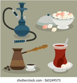 Turkish sweets, coffee, tea and hookah.  Turkey. Vector set