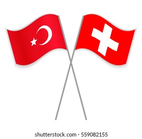 Turkish and Swiss crossed flags. Turkey combined with Switzerland isolated on white. Language learning, international business or travel concept.