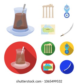 Turkish tea, amulet, ruins of antiquity, map of the territory. Turkey set collection icons in cartoon,flat style vector symbol stock illustration web.