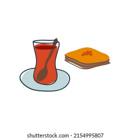 Turkish tea and baklava doodle illustration. Vector cute picture for your design, tradishional food in Turkey, travel and nashional symbol of country.