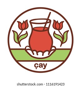 Turkish tea. Colored vector illustration of traditional glass with hot drink and tulip flowers. Hand drawn doodle objectts in a circle frame for label, logo, badge, package, banner or card design.