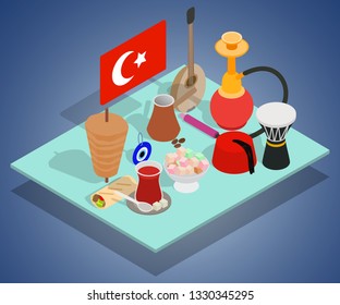 Turkish tea concept banner. Isometric banner of turkish tea vector concept for web, giftcard and postcard
