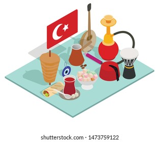 Turkish tea concept banner. Isometric banner of turkish tea vector concept for web, giftcard and postcard