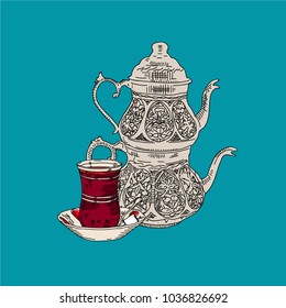 Turkish tea with copper teapot isolated on blue background, traditional, vector illustration eps 10