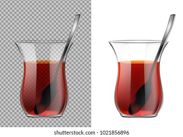 Turkish tea cup with black tea and silver spoon. Armudu glass