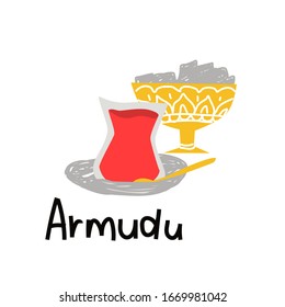 Turkish tea cup with black tea, silver spoon and mint. Armudu glass. with sugar. vector flat iilustration with lettering