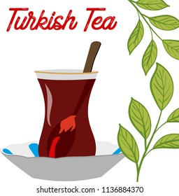 Turkish tea cup vector drawing. Istanbul. A traditional Turkish tea to drink tea. an authentic glass and plate. Enjoying tea in Istanbul Bosphorus. leaf