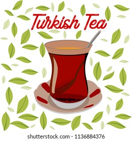 Turkish tea cup vector drawing. Istanbul. A traditional Turkish tea to drink tea. an authentic glass and plate. Enjoying tea in Istanbul Bosphorus. leaf