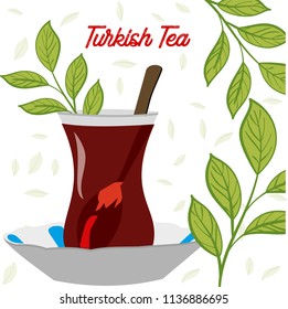 Turkish tea cup vector drawing. Istanbul. A traditional Turkish tea to drink tea. an authentic glass and plate. Enjoying tea in Istanbul Bosphorus. leaf