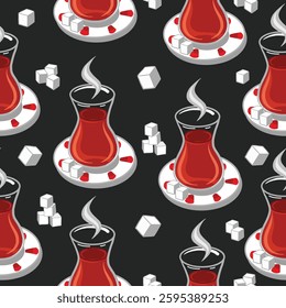 Turkish tea cups sugar cubes seamless pattern. Traditional texture background for cafe interior design card or banner template wallpaper textile and fabric prints, website or for any other use