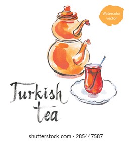 Turkish Tea With Turkish Kettle, Watercolor, Hand Drawn, Vector