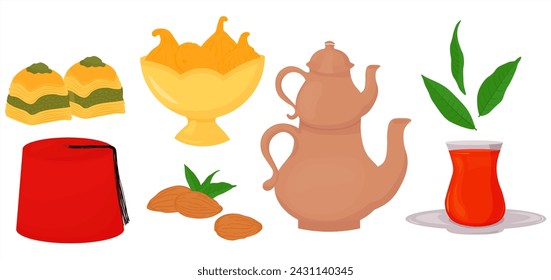 Fiesta de té turca. Vista. Un juego de pegatinas. Té en una tetera. Dulces orientales, postres. Ilustración vectorial de stock.