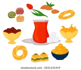 Fiesta de té turca. Vista. Un juego de pegatinas. Té en una tetera. Dulces orientales, postres. Ilustración vectorial de stock.