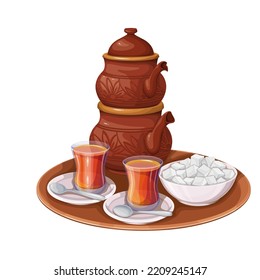 Ilustración vectorial del set de té turco. Caricatura aislada de tetera tradicional vintage, vasos de vidrio con bebida caliente en platos y cucharas, tazón con cubos de azúcar en la mesa para la fiesta oriental de té en Turquía