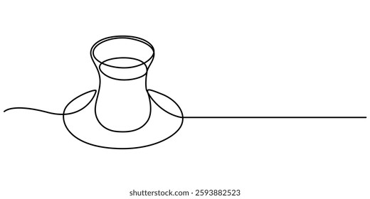 Turkish Tea Single Line Icon, One continuous line drawing of a glass of traditional Turkish tea on a saucer. Vector illustration  on a white background. A recognizable hot drink common in the east. 