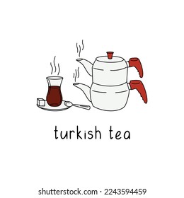 Turkish tea tradition. Vector hand drawn illustration of teapot and glass of tea.