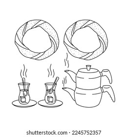 Turkish tea tradition. Vector hand drawn illustration of teapot, glass of tea and simit.