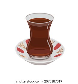 Turkish tea traditional glass cup and ceramic plate. Turkish breakfast oriental food. Istanbul culture symbol hot drink. Teacup for card postcard cafe menu souvenir design vector illustration on white