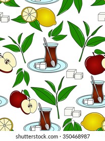 Turkish tea. Vector seamless texture with tea line icon pattern. Endless background.Vector backdrop. Use for wallpaper, pattern fills, web page background
