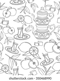 Turkish tea. Vector seamless texture with tea line icon pattern. Endless background.Vector backdrop. Use for wallpaper, pattern fills, web page background
