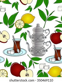 Turkish tea. Vector seamless texture with tea line icon pattern. Endless background.Vector backdrop. Use for wallpaper, pattern fills, web page background
