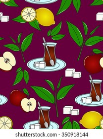Turkish tea. Vector seamless texture with tea line icon pattern. Endless background.Vector backdrop. Use for wallpaper, pattern fills, web page background