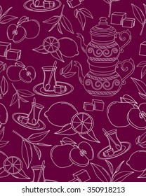 Turkish tea. Vector seamless texture with tea line icon pattern. Endless background.Vector backdrop. Use for wallpaper, pattern fills, web page background