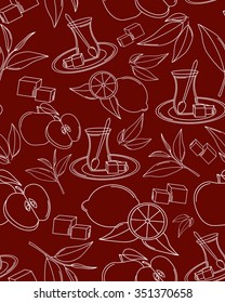 Turkish tea. Vector seamless texture with tea line icon pattern. Endless background.Vector backdrop. Use for wallpaper, pattern fills, web page background
