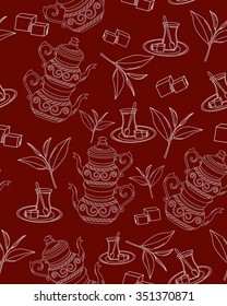 Turkish tea. Vector seamless texture with tea line icon pattern. Endless background.Vector backdrop. Use for wallpaper, pattern fills, web page background
