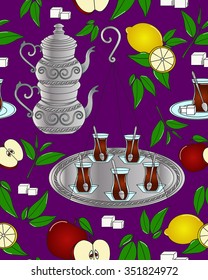 Turkish tea. Vector seamless texture with tea line icon pattern. Endless background.Vector backdrop. Use for wallpaper, pattern fills, web page background
