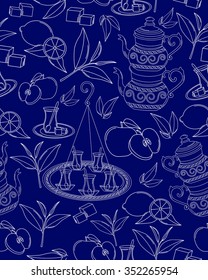 Turkish tea. Vector seamless texture with tea line icon pattern. Endless background.Vector backdrop. Use for wallpaper, pattern fills, web page background
