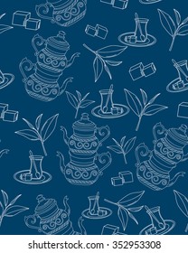 Turkish tea. Vector seamless texture with tea line icon pattern. Endless background.Vector backdrop. Use for wallpaper, pattern fills, web page background
