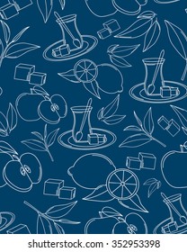 Turkish tea. Vector seamless texture with tea line icon pattern. Endless background.Vector backdrop. Use for wallpaper, pattern fills, web page background
